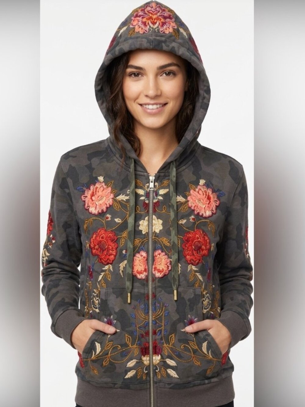 Anthropologie x Driftwood Teddy Floral Embroidered Camo Zip Hoodie Jacket M